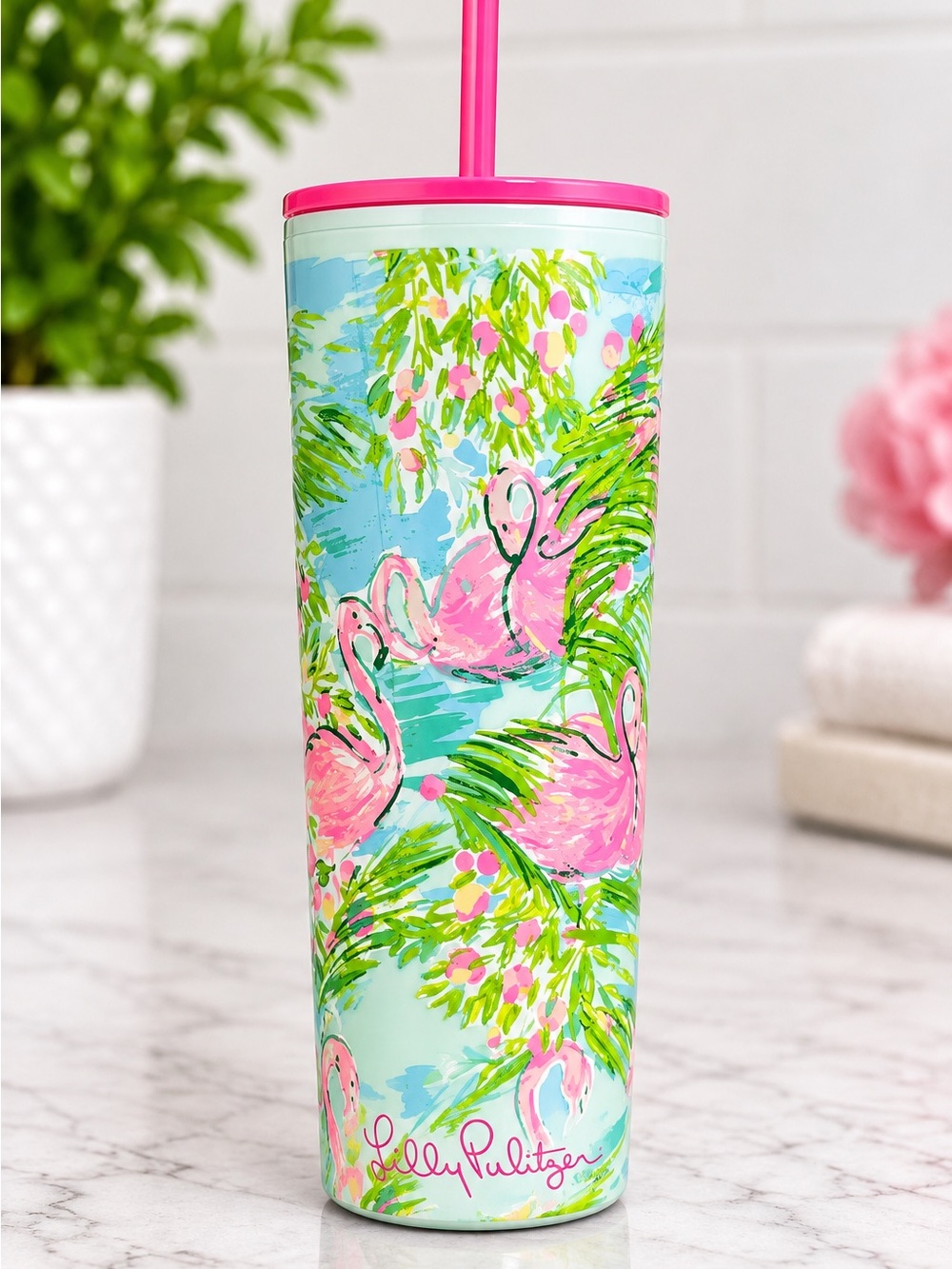 Lilly Pulitzer Pink Flamingo Tropical Tumbler Cup w/ Straw